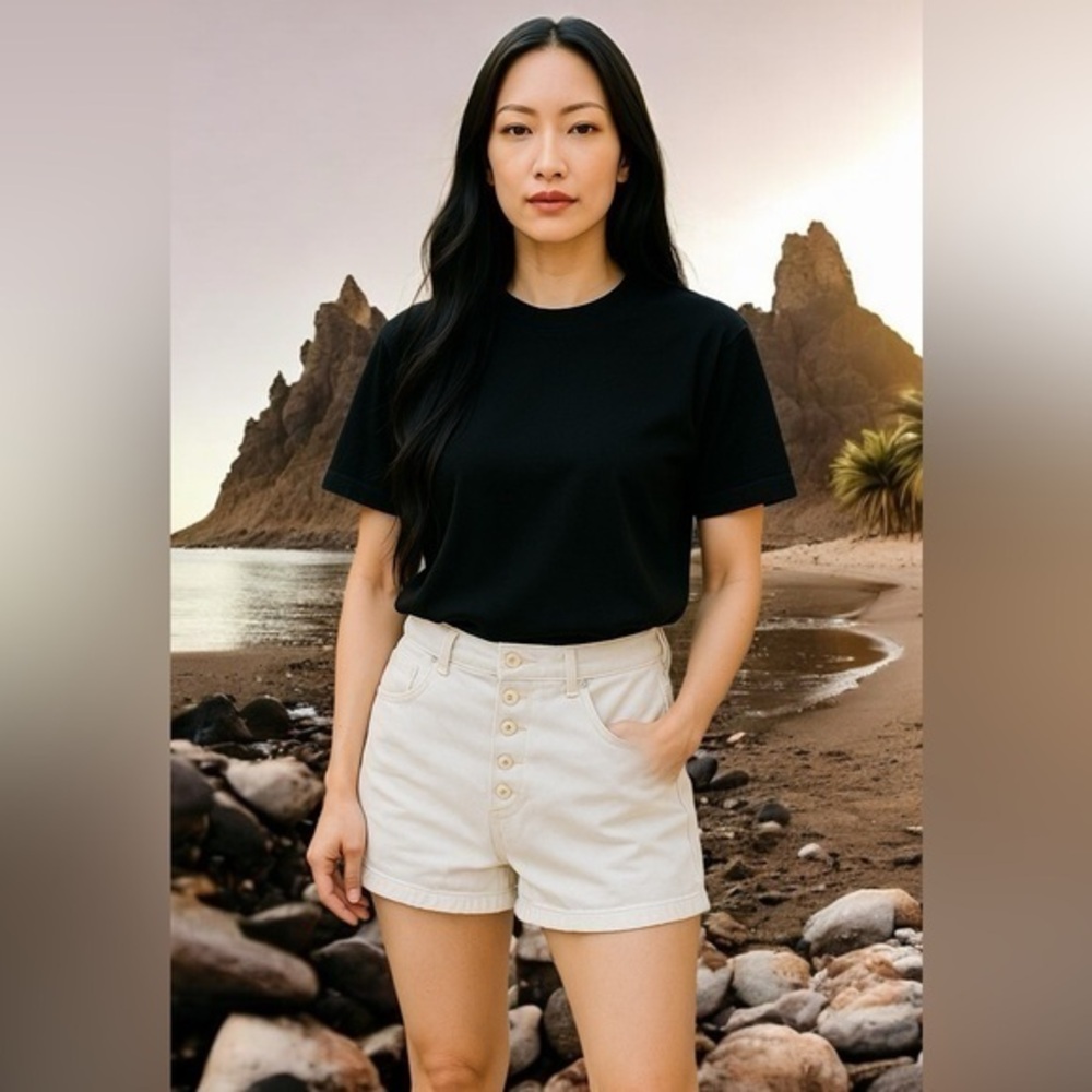 Oak + Fort Off White Highrise Exposed Button Fly Raw Hem Jean Shorts